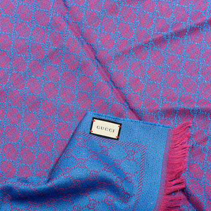 Gucci Wool Lame Jacquard GG Monogram Stenlux Scarf Fuxia Sky Blue 3 of 4