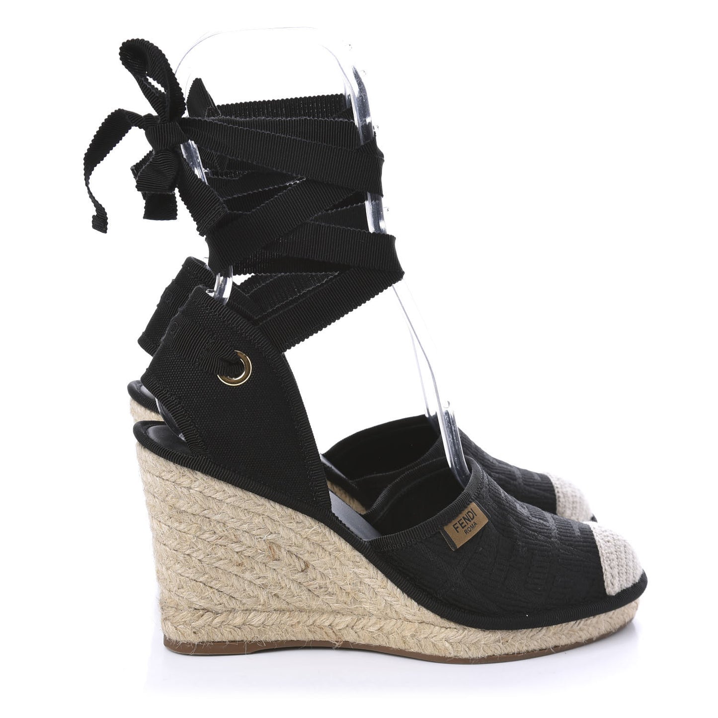 Canvas FF Embroidered Roma Ankle Wrap Espadrille Wedges 37 Black