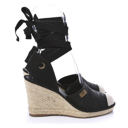 Fendi Canvas FF Embroidered Roma Ankle Wrap Espadrille Wedges 37 Black 4 of 10