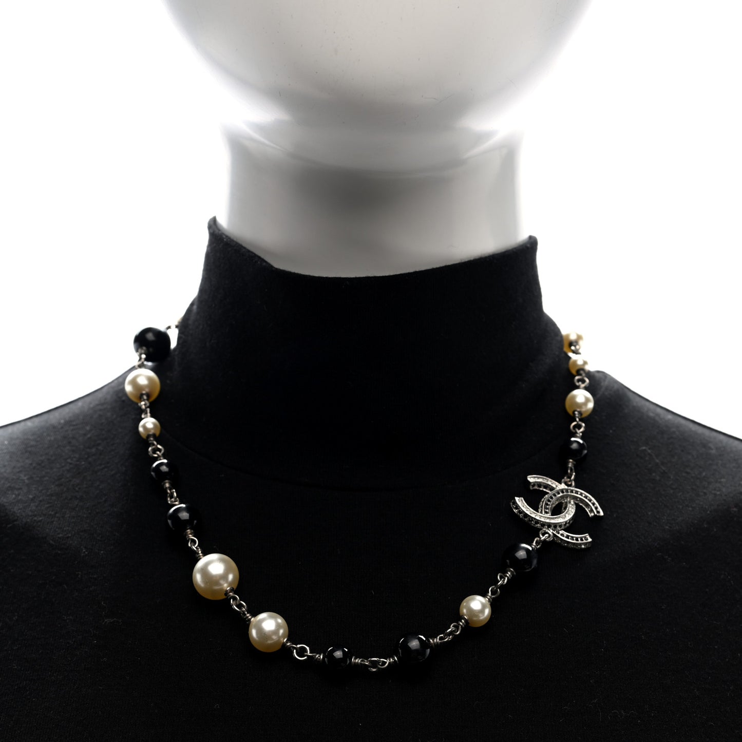 Metal Pearl Bead Crystal CC Necklace Silver Black