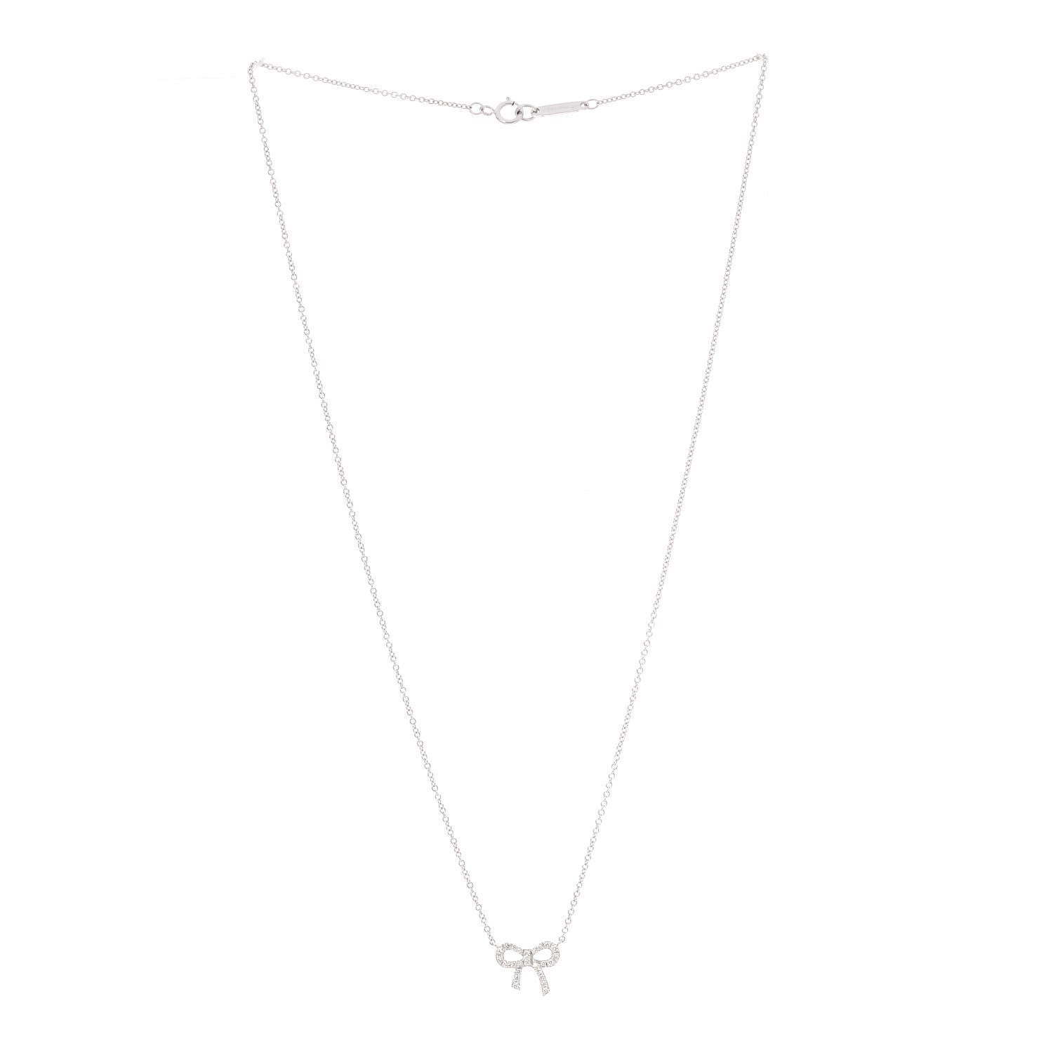 Tiffany 18K White Gold Diamond Mini Bow Pendant Necklace 2 of 5