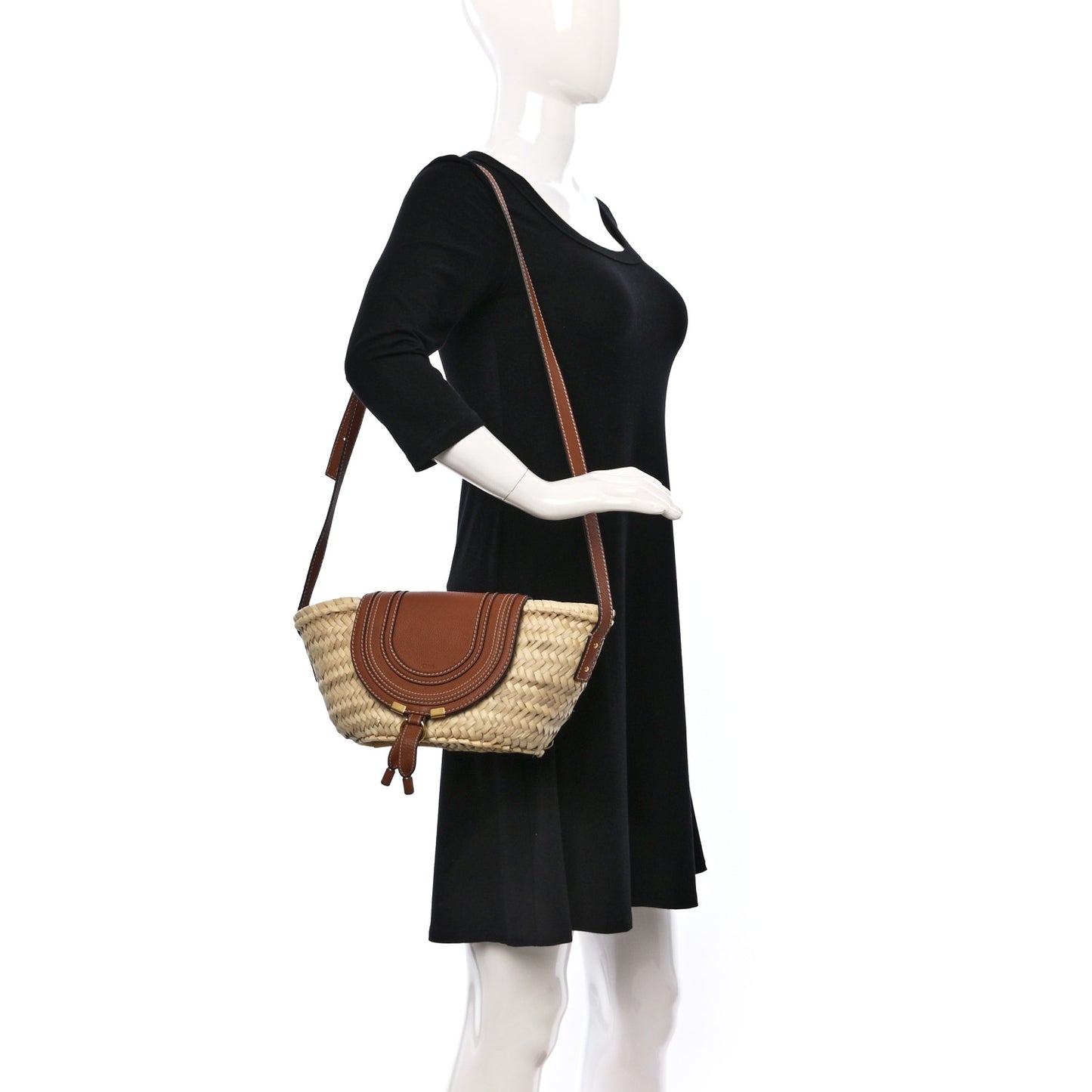Raffia Small Grain Calfskin Medium Marcie Basket Tan