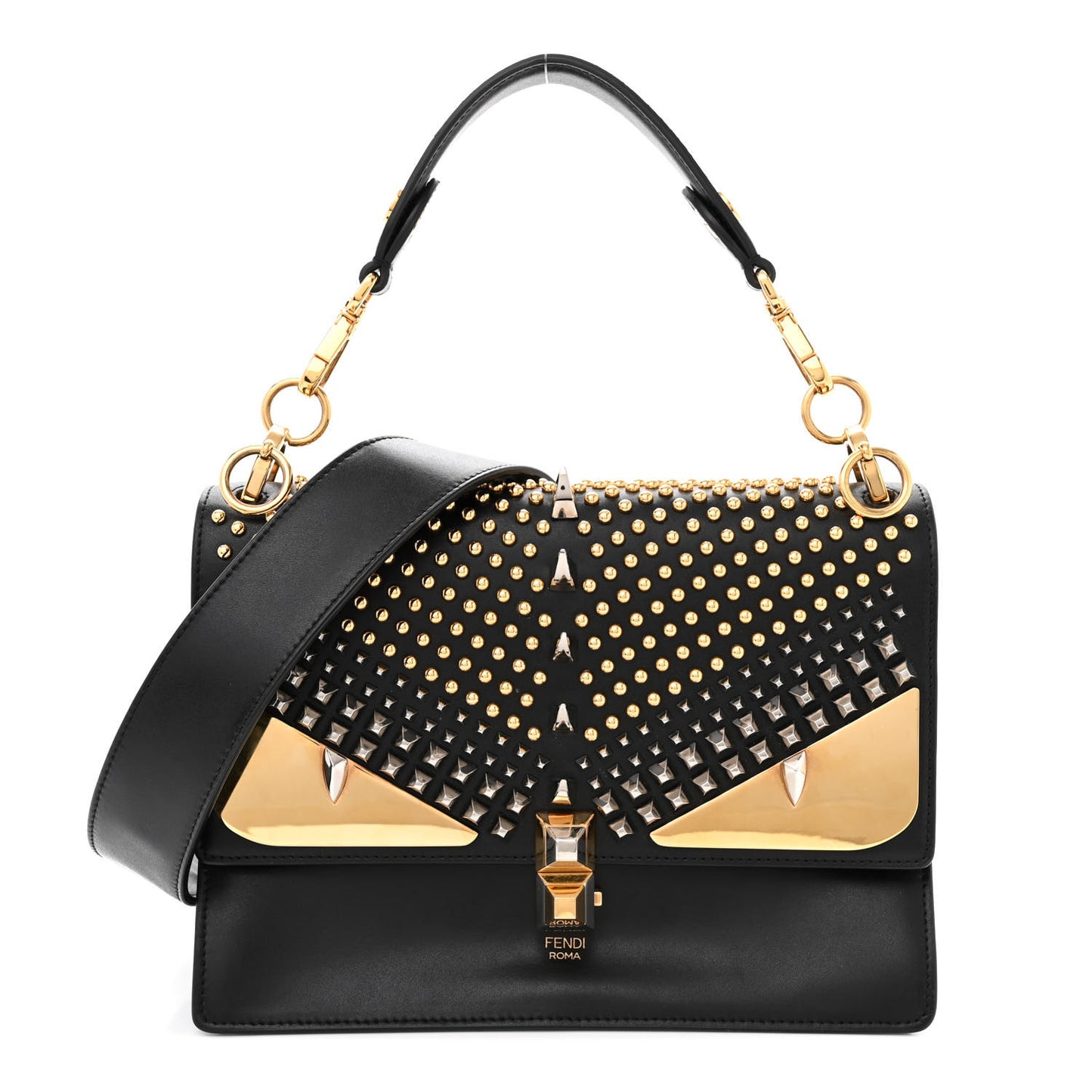 Vitello Liberty Lucido Metal Studded Monster Eyes Studded Kan I Shoulder Bag Black