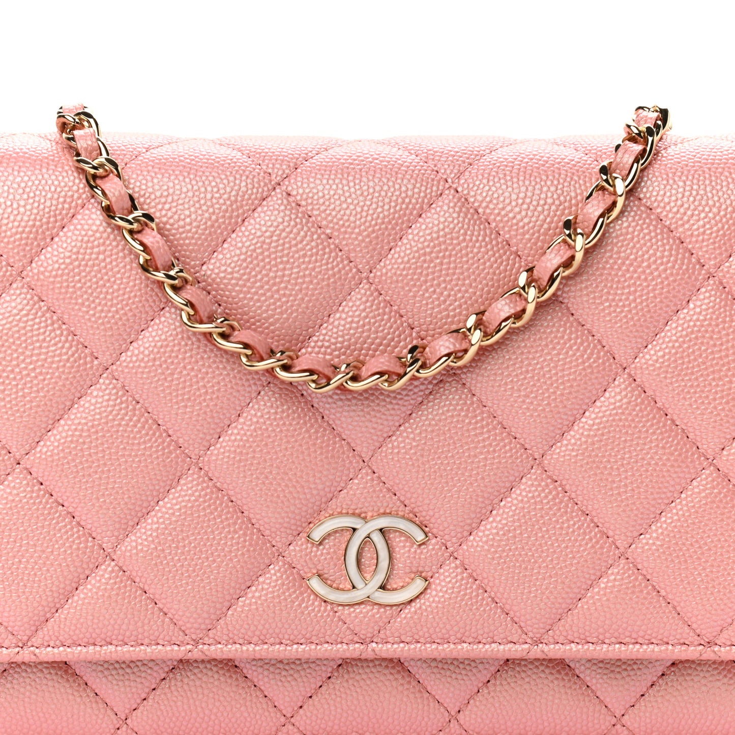 Iridescent Caviar Quilted Wallet on Chain WOC Rose Pink