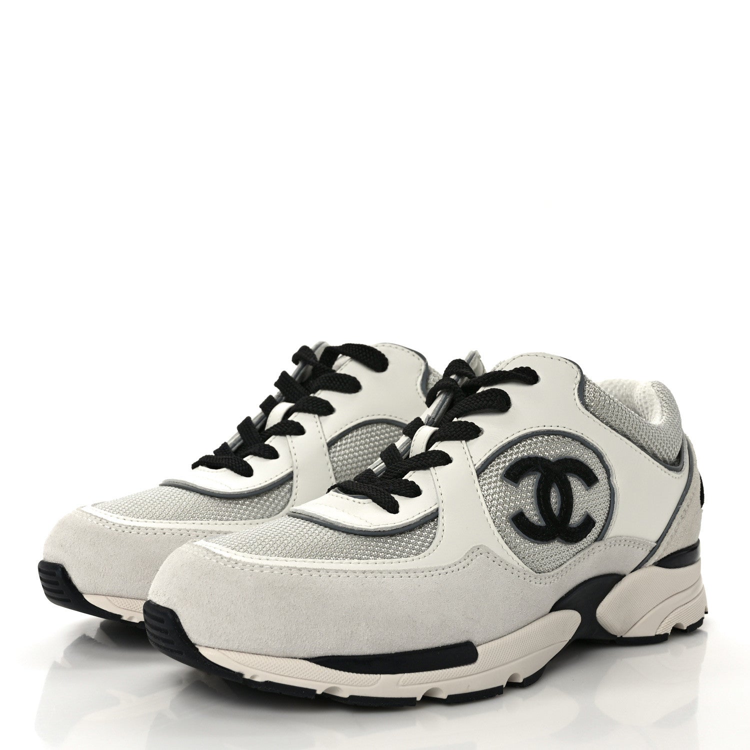 Chanel Calfskin Fabric Womens CC Sneakers 36 Black White Silver 3 of 9