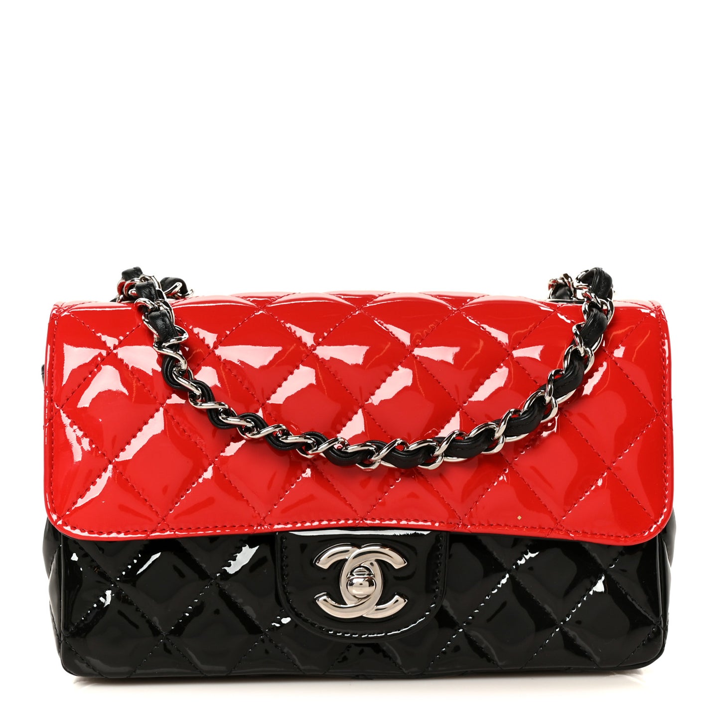 Patent Calfskin Quilted Bi-Color Mini Rectangular Flap Red Black