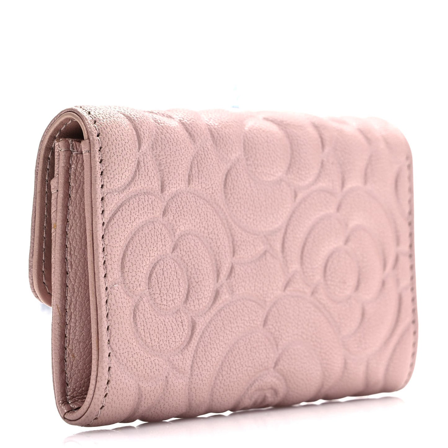 Goatskin Camellia Embossed Card Holder Wallet Light Pink
