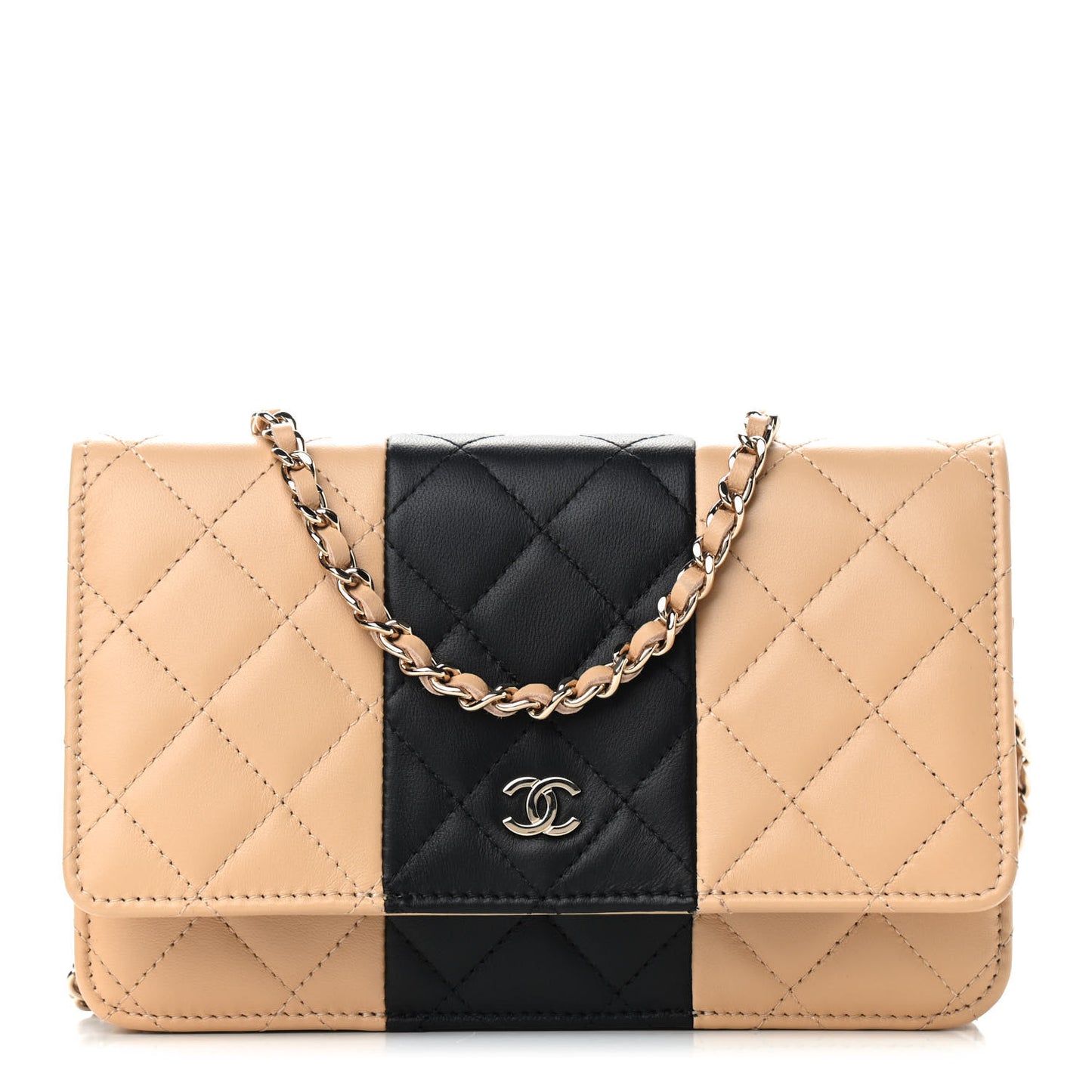 Lambskin Quilted Wallet On Chain WOC Beige Black