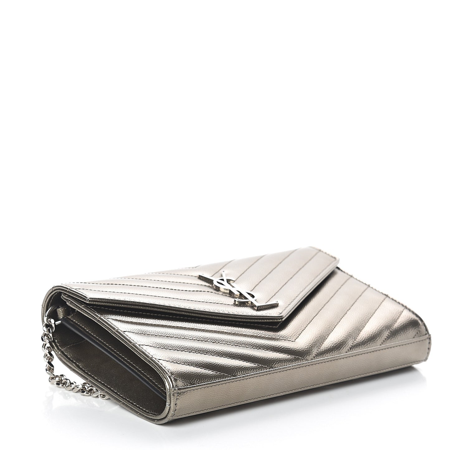 Metallic Grain De Poudre Matelasse Chevron Monogram Chain Wallet Piombo