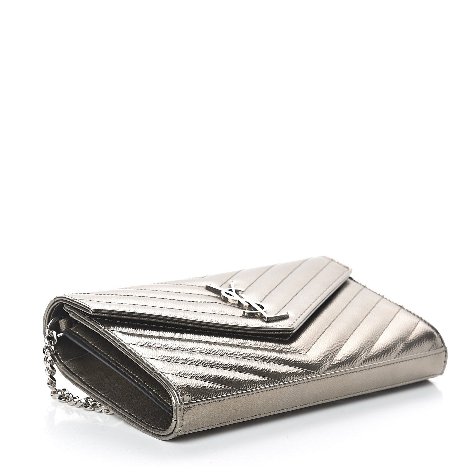 Saint Laurent Metallic Grain De Poudre Matelasse Chevron Monogram Chain Wallet Piombo 3 of 8