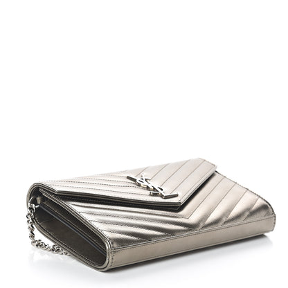 Saint Laurent Metallic Grain De Poudre Matelasse Chevron Monogram Chain Wallet Piombo 3 of 8