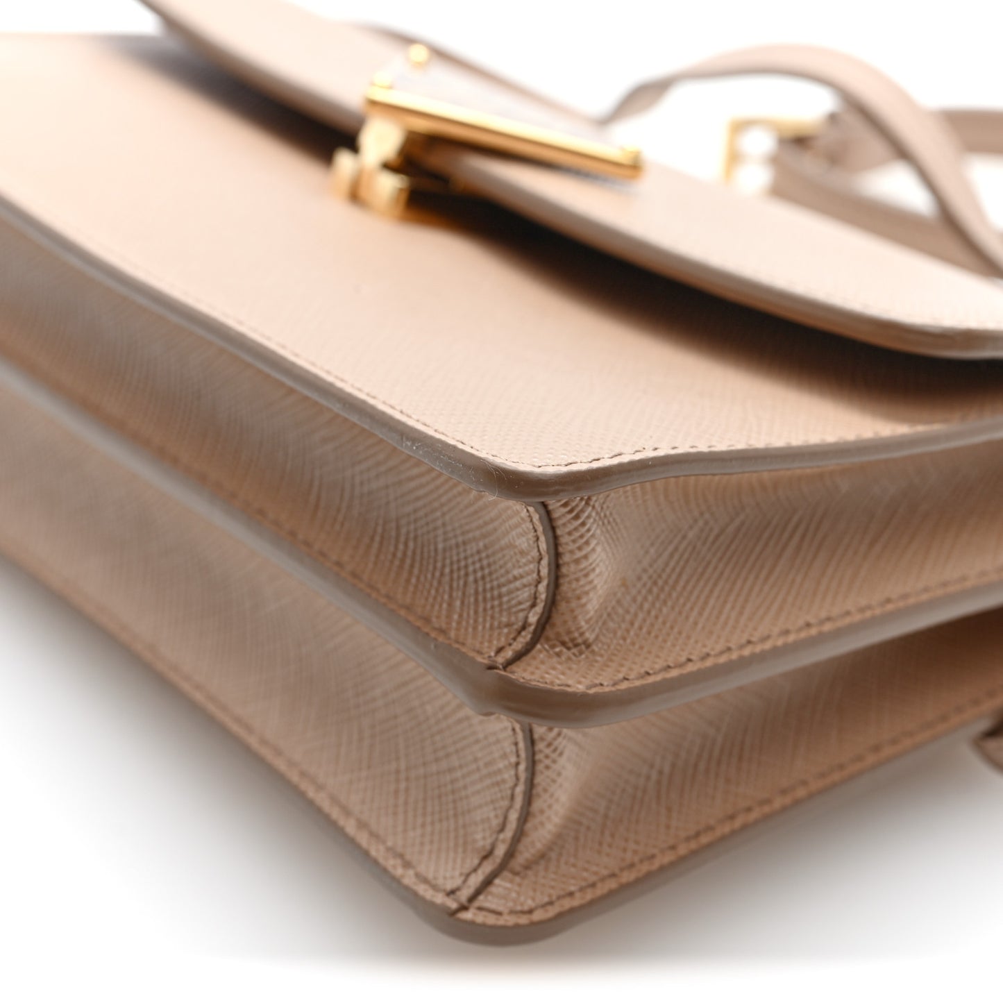 Saffiano Lux Mini Triangle Embleme Flap Shoulder Bag Cammeo