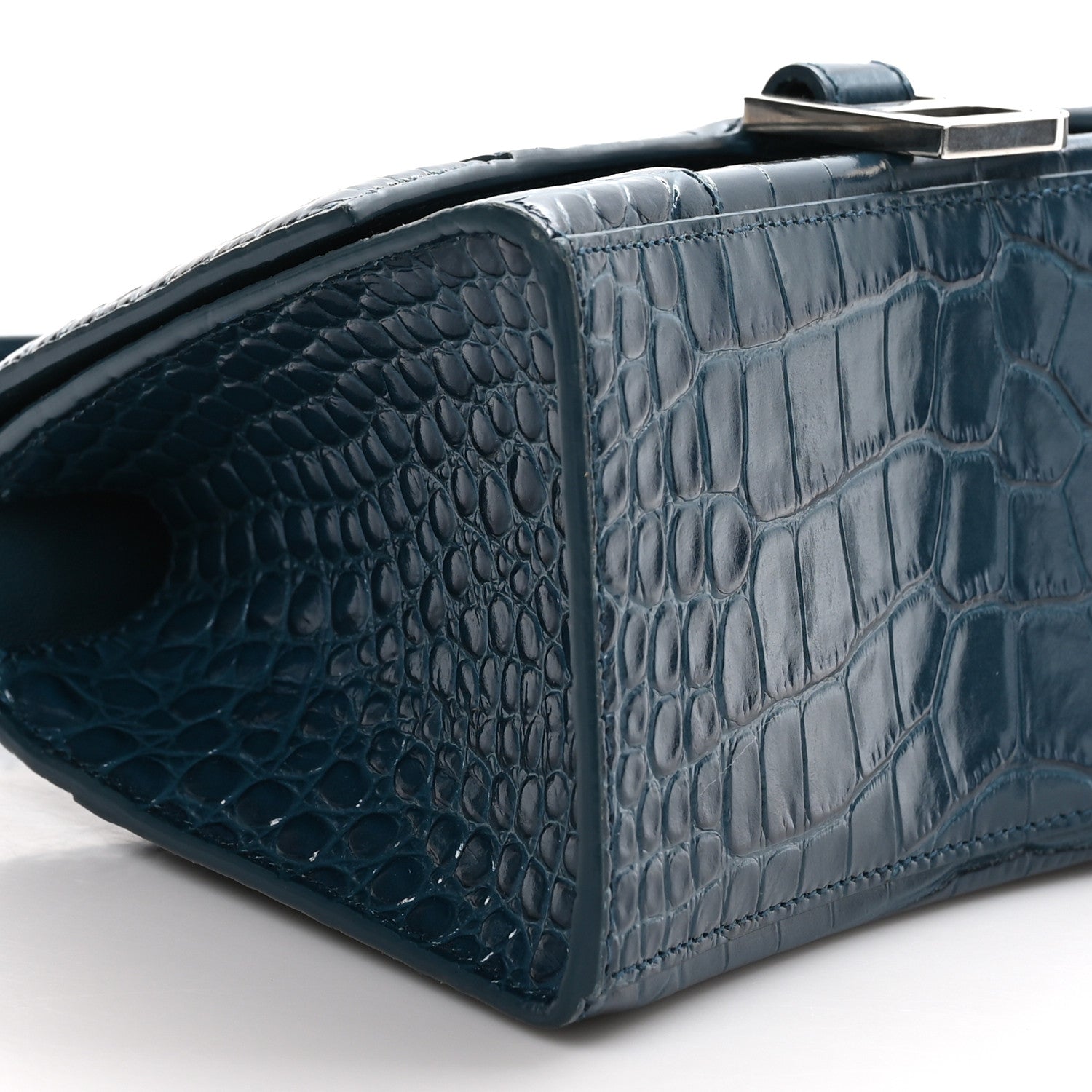Balenciaga Shiny Calfskin Crocodile Embossed Small Hourglass Top Handle Bag Dark Petrol Blue 8 of 9