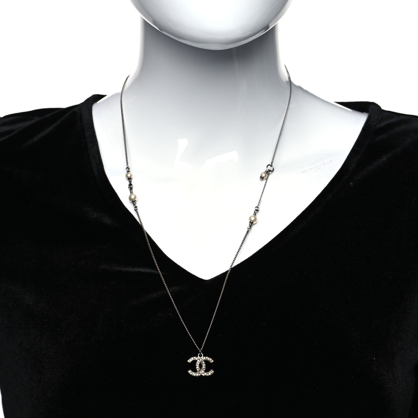 Crystal Pearl CC Pendant Necklace Silver