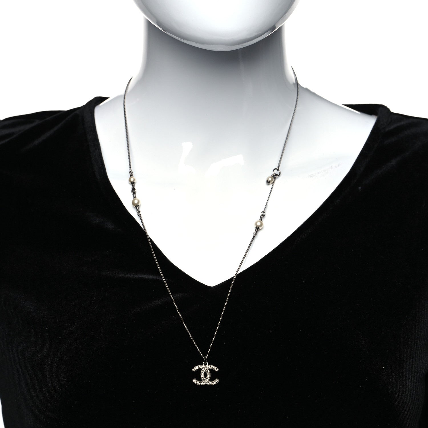 Chanel Crystal Pearl CC Pendant Necklace Silver 2 of 5