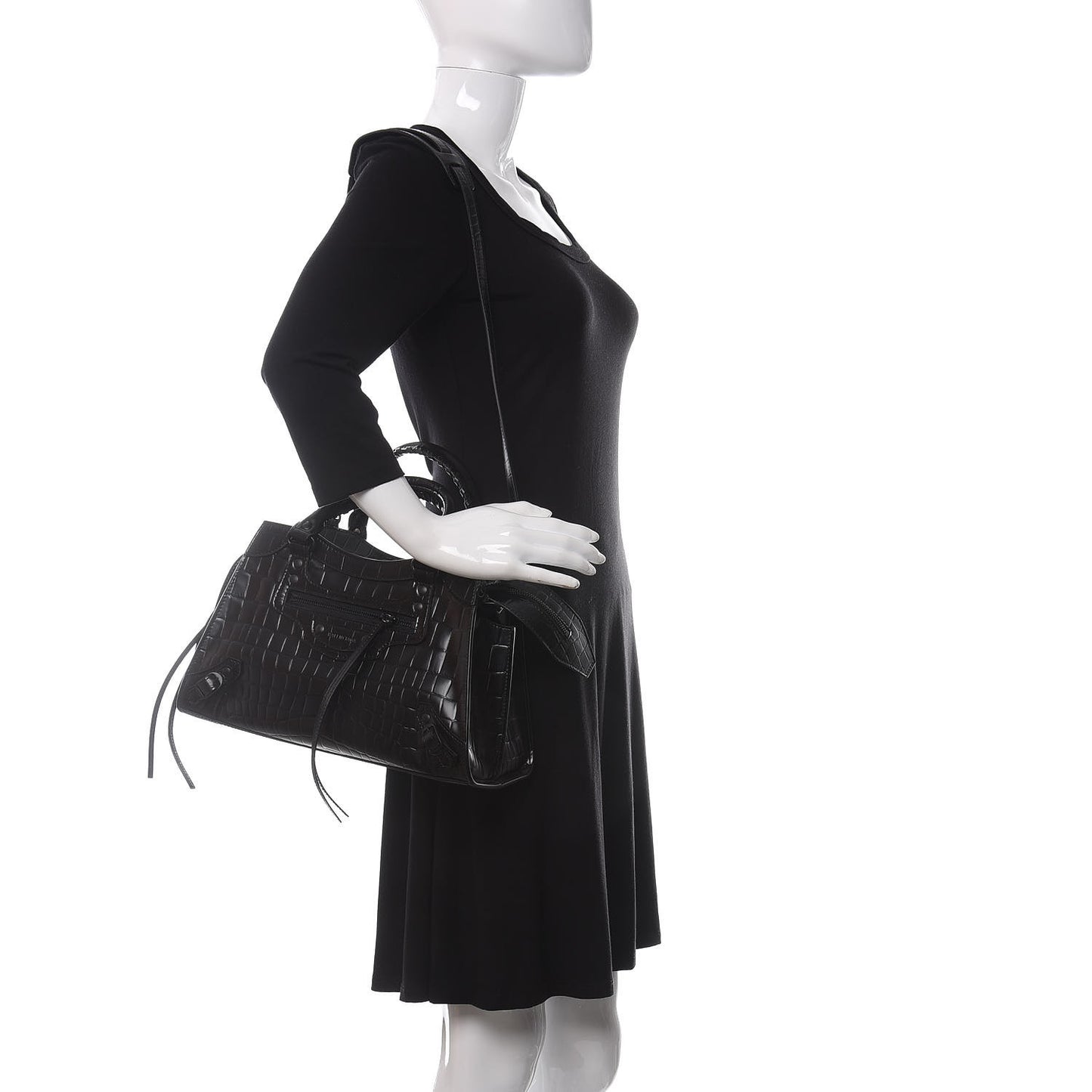 Semi Shiny Calfskin Crocodile Embossed Neo Classic Black Hardware S City Black