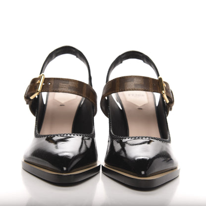 Fendi Glossy Neoprene Glazed Fabric FF FFrame Court Mary Jane Slingback Pumps 37 Black Tobacco Moro 2 of 7