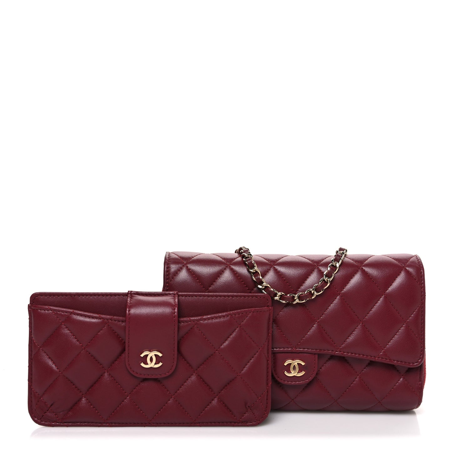 Lambskin Quilted Phone Holder Wallet on Removable Chain Burgundy