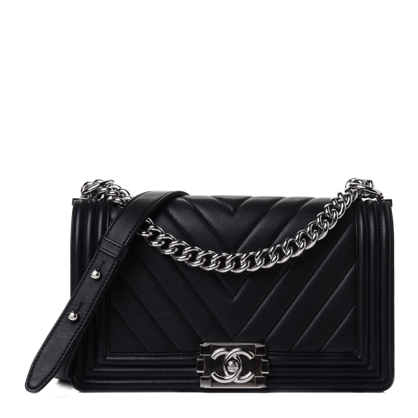 Calfskin Chevron Quilted Medium Boy Flap Black