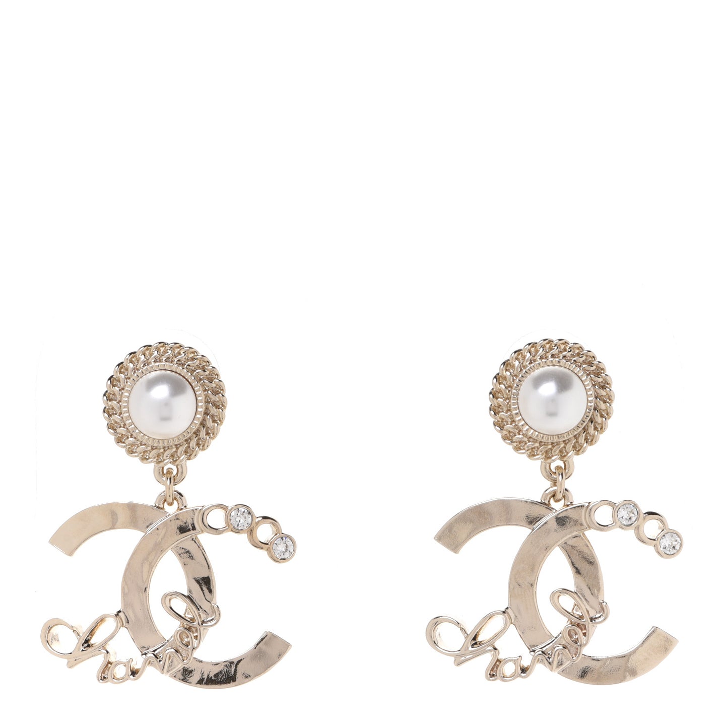 Metal Pearl Crystal Coco Script CC Drop Earrings Gold