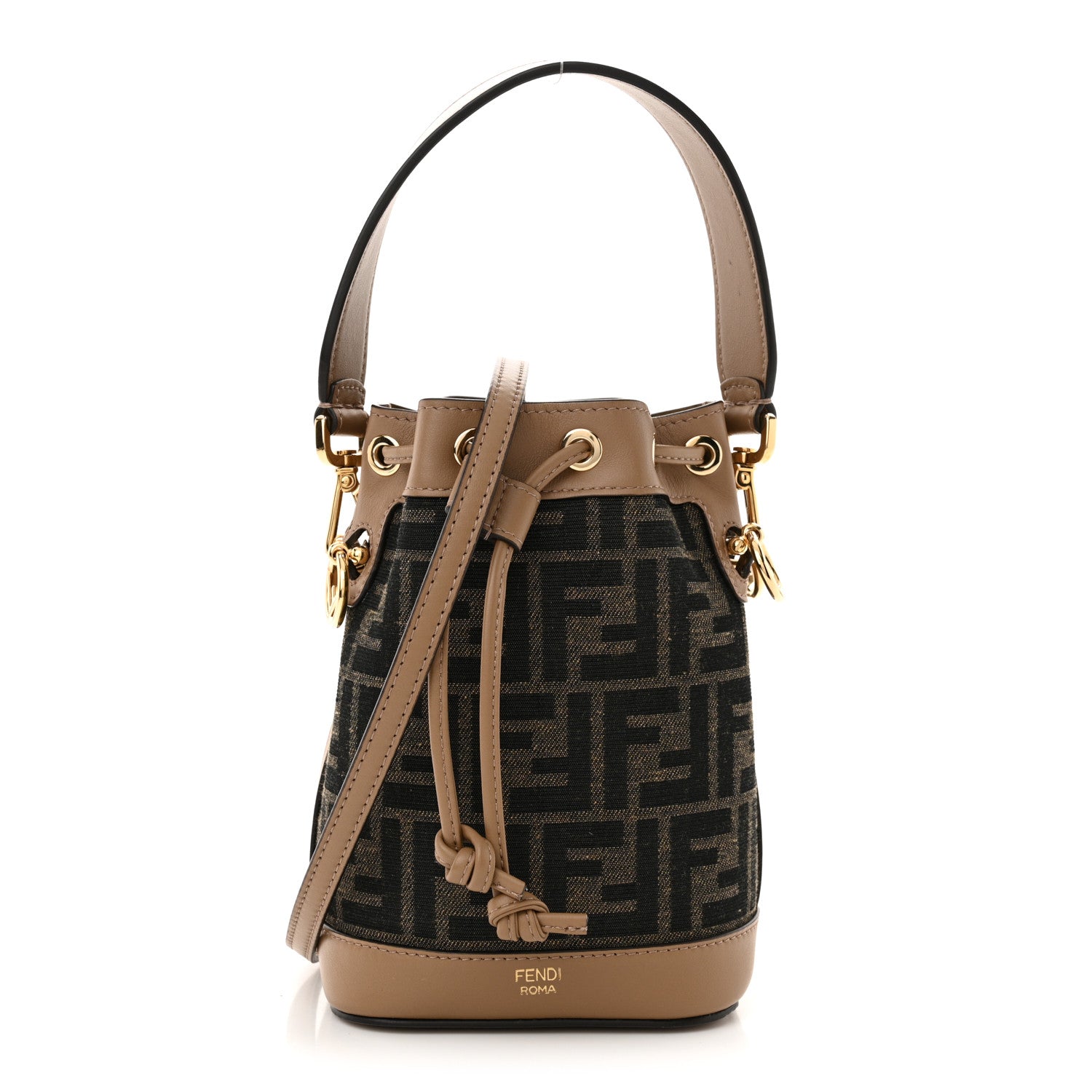 Fendi Fabric Jacquard Vitello Grace FF 1974 Mini Mon Tresor Bucket Bag Tobacco Moro Sand 1 of 11