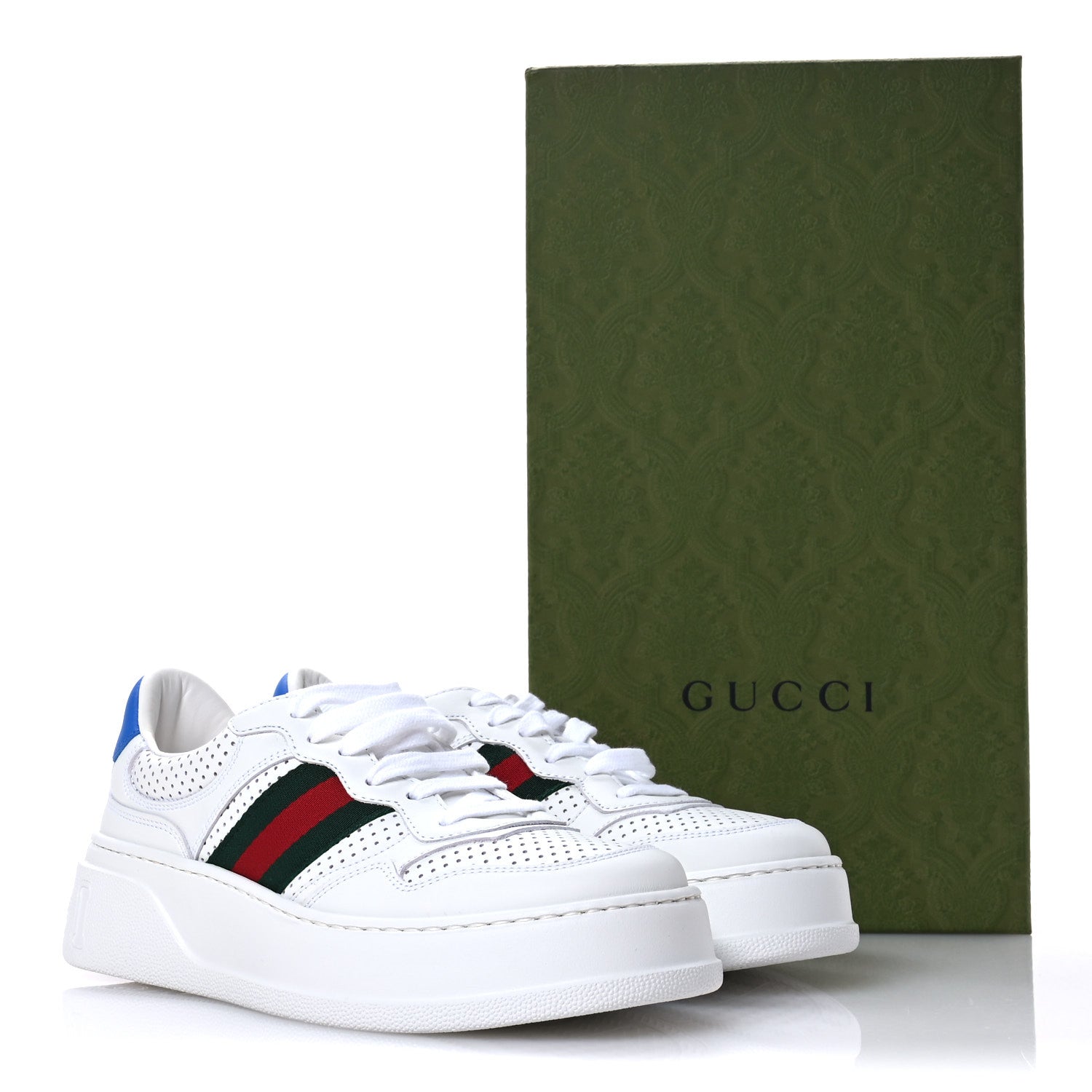 Gucci Calfskin Web Perforated Womens Platform 55mm Sneakers 38.5 White Bright Splash 9 of 9