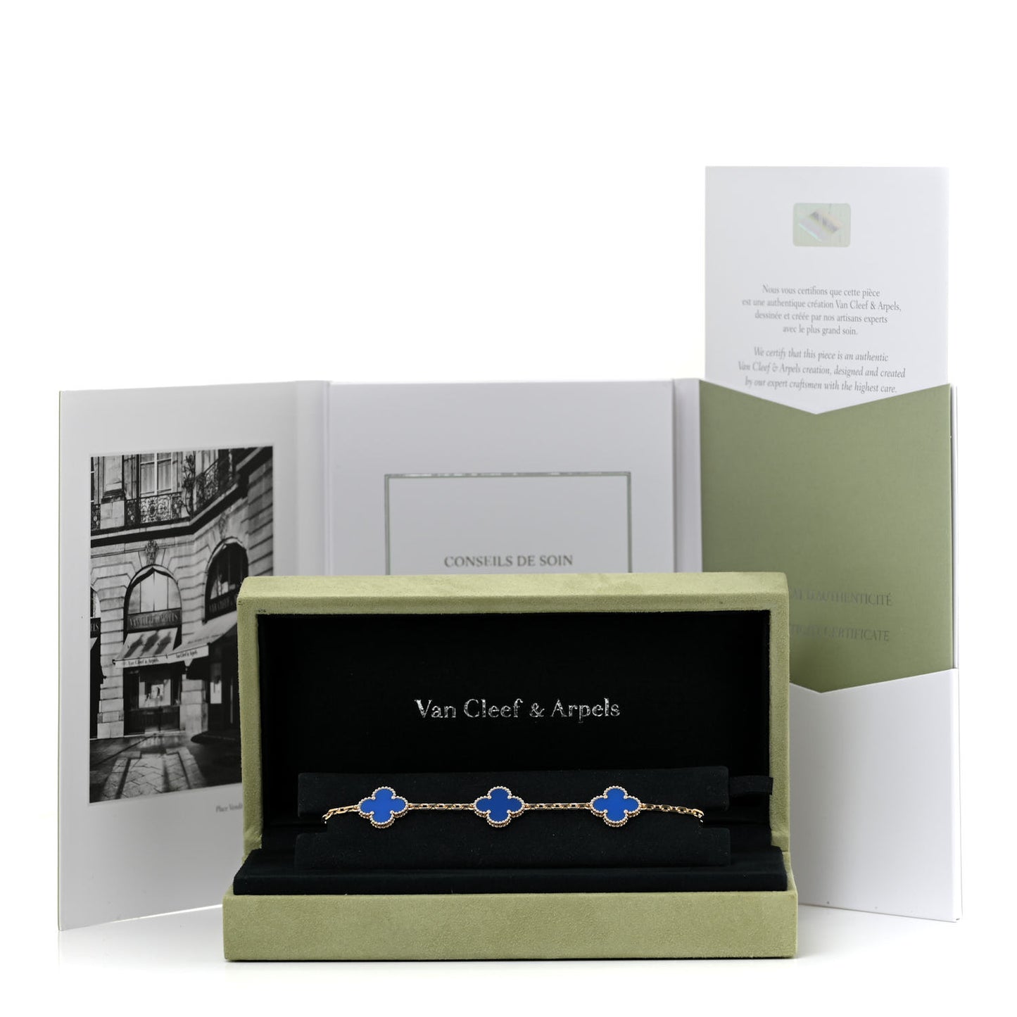 18K Yellow Gold Blue Agate 5 Motifs Vintage Alhambra Bracelet