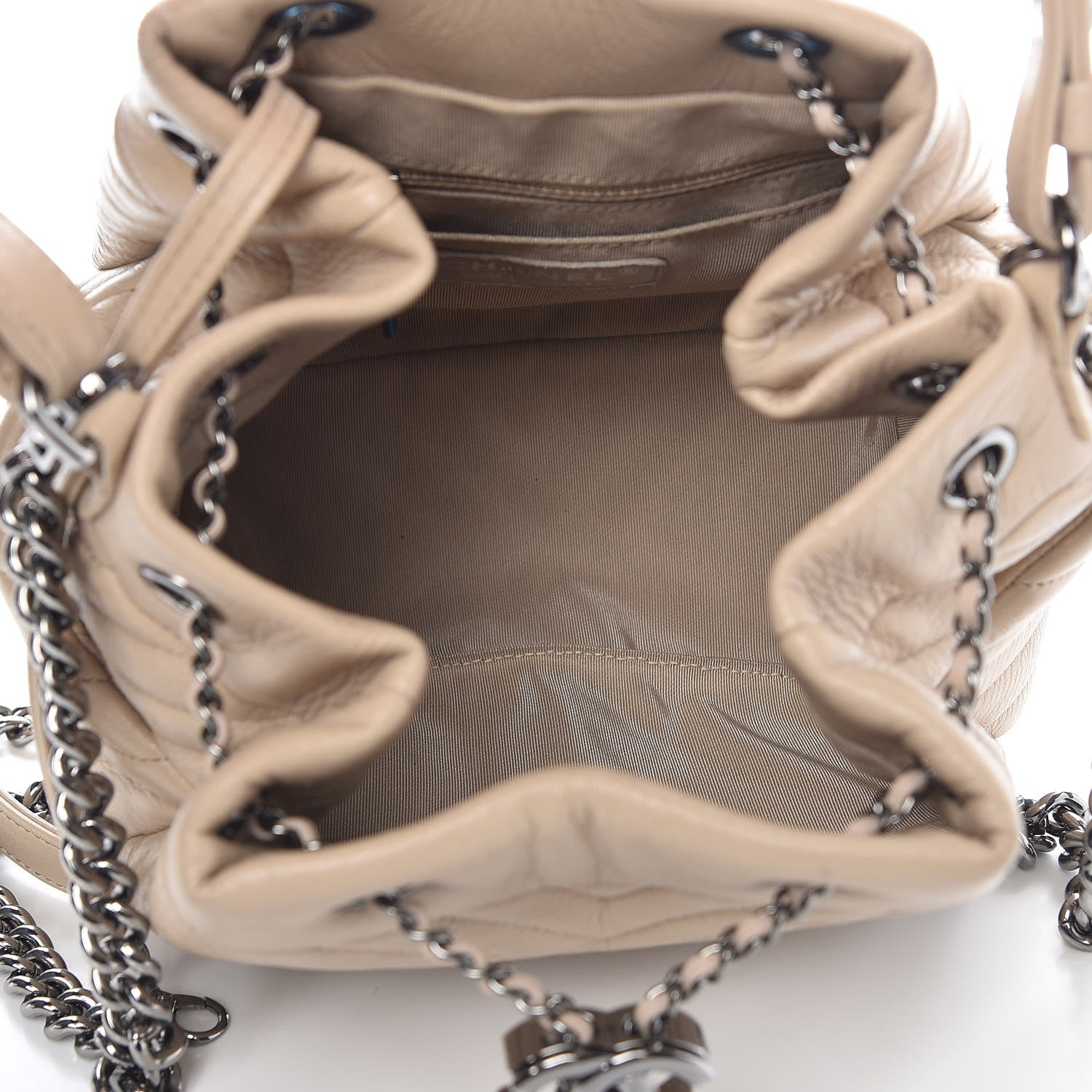 Chanel Deerskin Chevron Small CC Chain Bucket Bag Beige 5 of 9