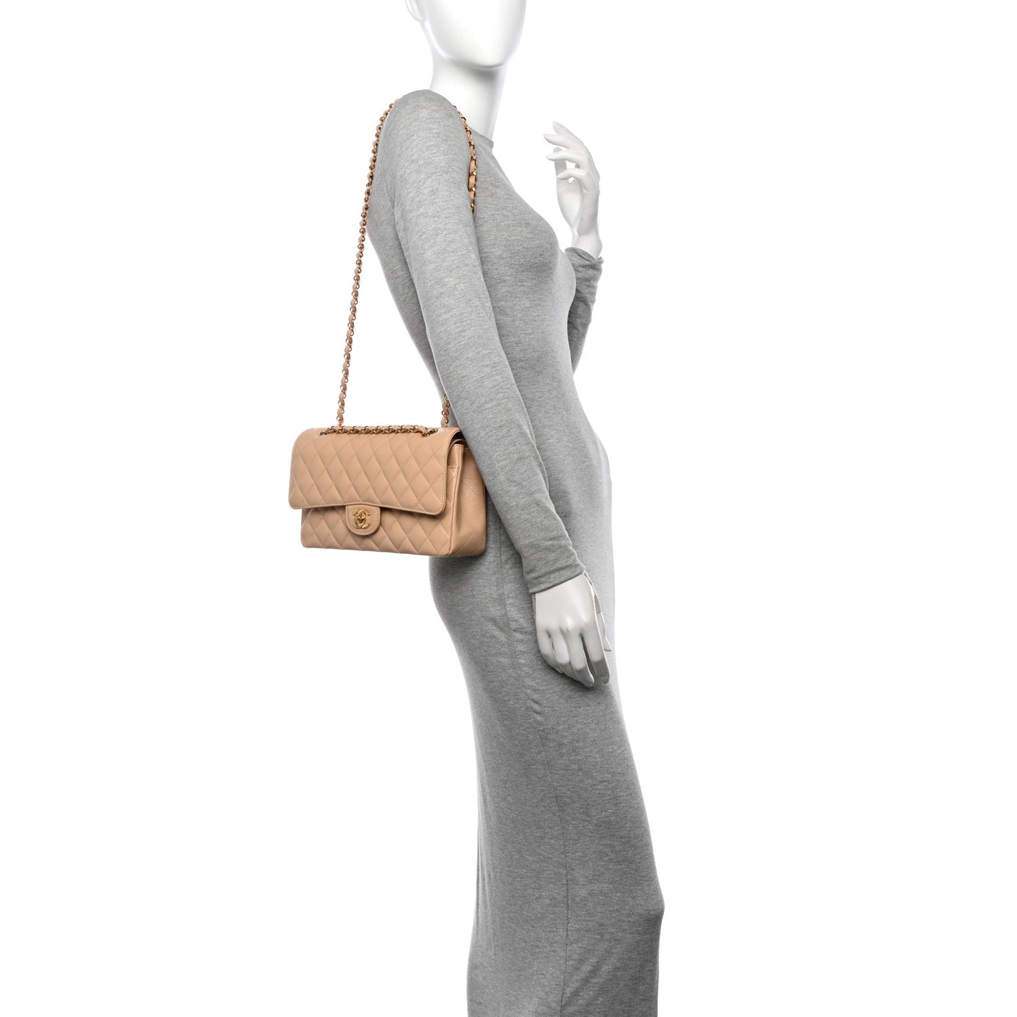 Caviar Quilted Medium Double Flap Beige