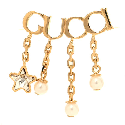 Gucci Metal Crystal Pearl Script Drop Single Earring Gold 1 of 4