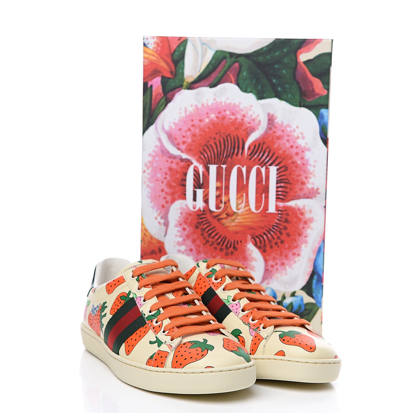 Calfskin Web Strawberry Print Womens Ace Sneakers 37.5 Ivory Red Green