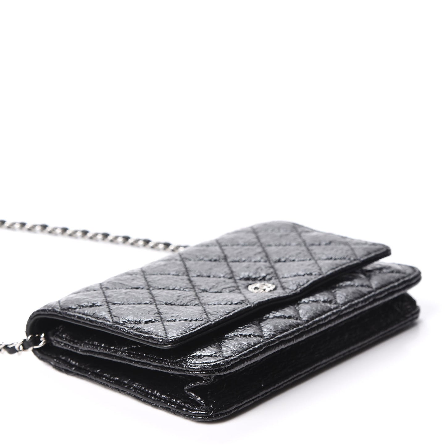 Distressed Patent Calfskin Quilted Wallet on Chain WOC Black