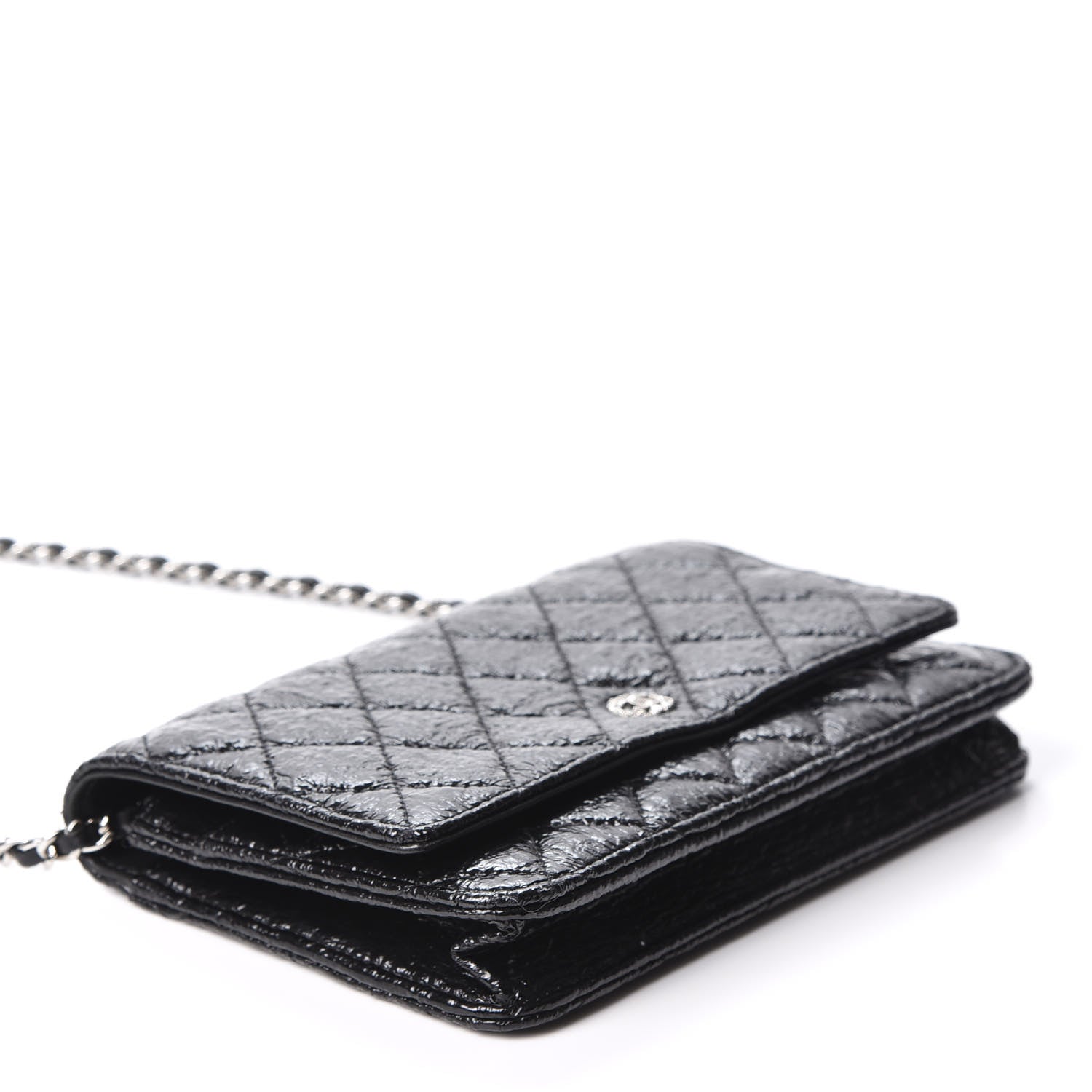 Chanel Distressed Patent Calfskin Quilted Wallet on Chain WOC Black 3 of 11