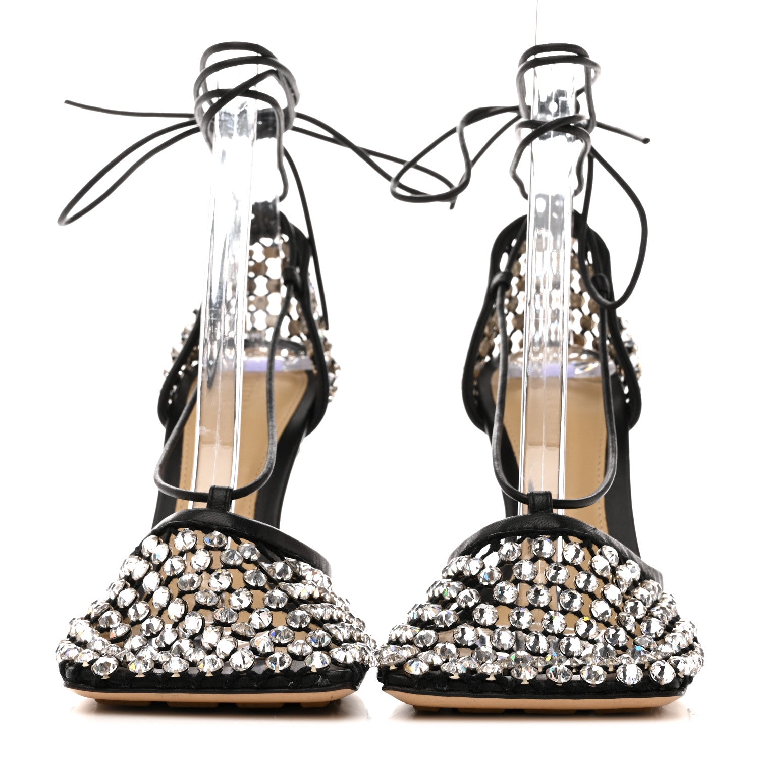 Bottega Veneta Mesh Nappa Crystal Embellished Sparkle Stretch Ankle Tie Sandals 36.5 Black 3 of 9
