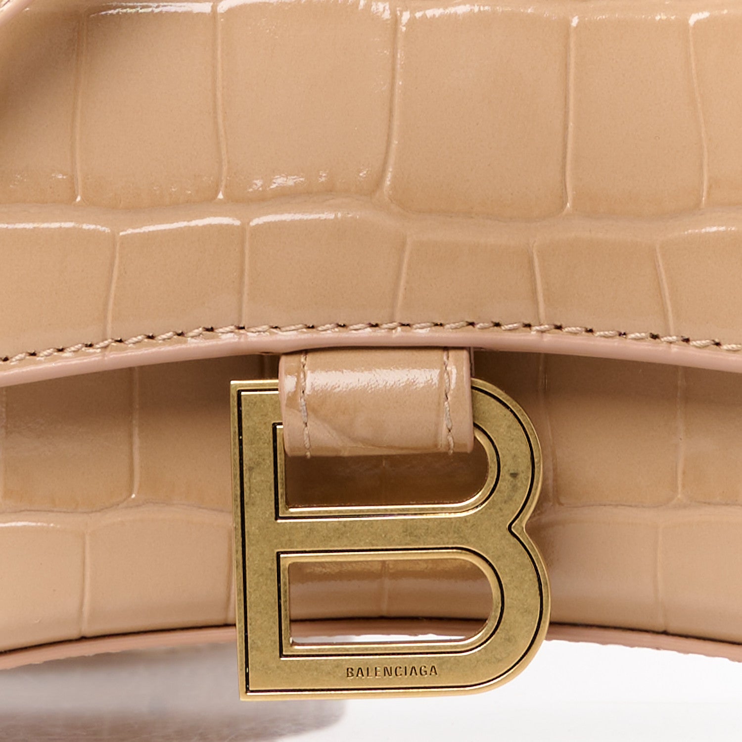 Balenciaga Shiny Calfskin Crocodile Embossed Hourglass Top Handle Bag XS Nude Beige 8 of 12