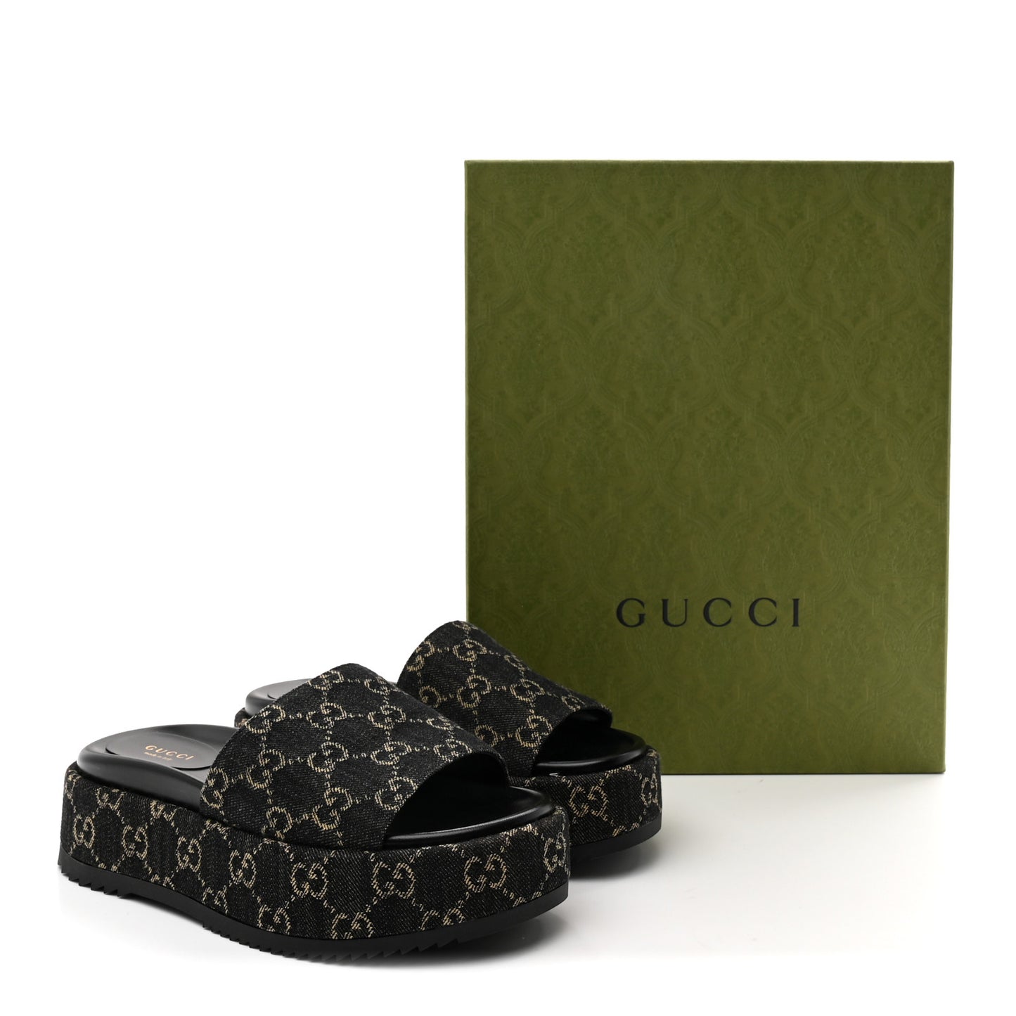 Jacquard Black Denim GG Monogram Angelina Platform 55mm Slide Sandals 38.5 Black Ivory