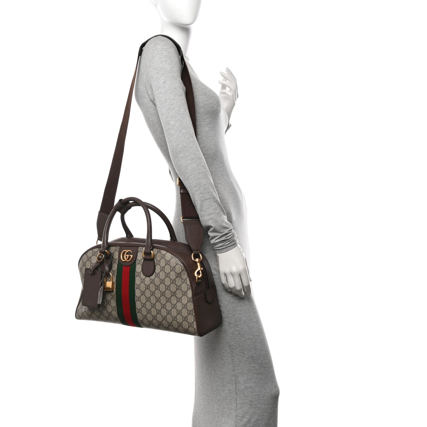 GG Supreme Monogram Textured Dollar Calfskin Web Medium Savoy Bowling Bag Beige Ebony New Acero