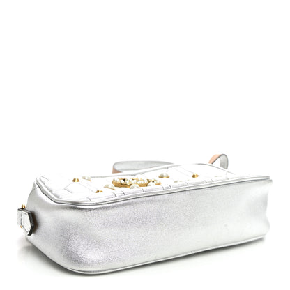 Gucci Metallic Calfskin Matelasse Studded Small Pearly GG Marmont Chain Shoulder Bag Silver 3 of 9