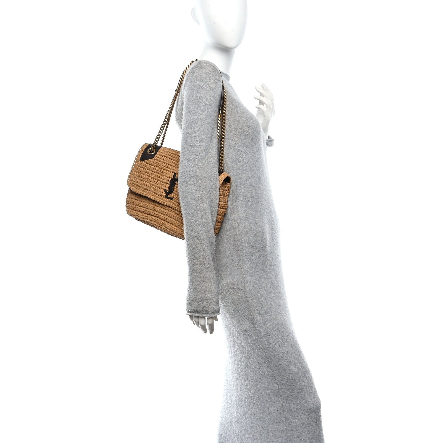 Saint Laurent Raffia Calfskin Monogram Medium Niki Chain Satchel Natural 2 of 10