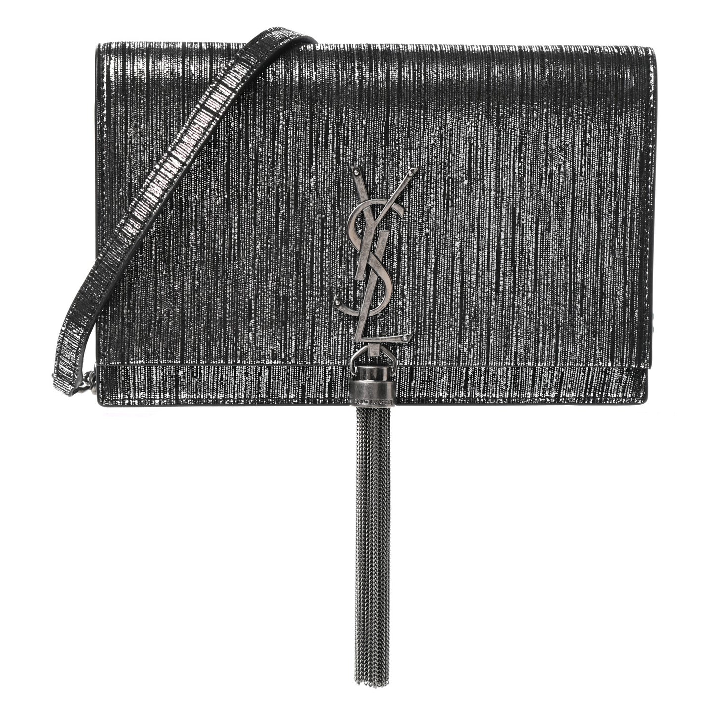 Metallic Suede Classic Monogram Kate Tassel Chain Wallet Black Silver