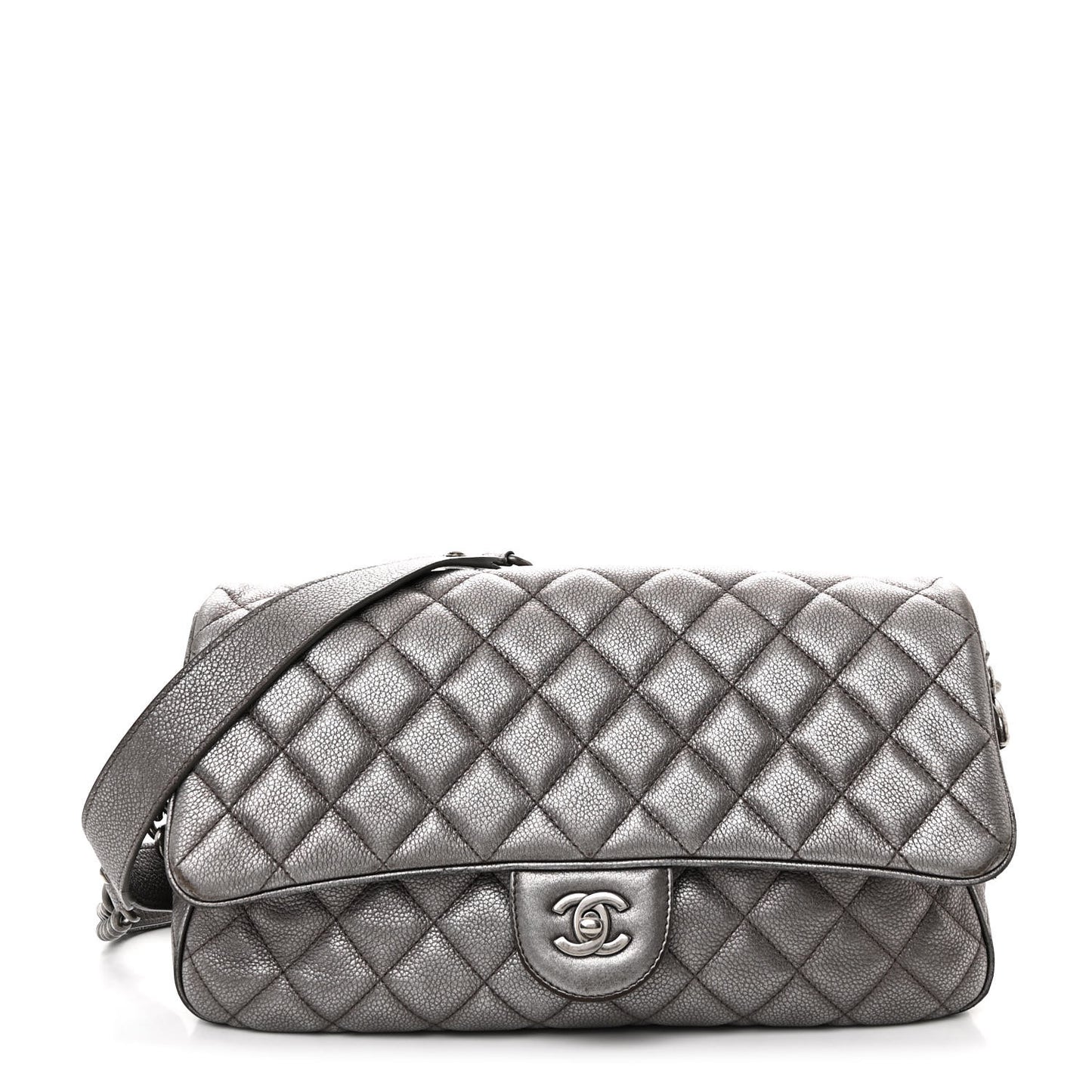 Metallic Grained Calfskin Quilted Medium Casual Rock Flap Charcoal