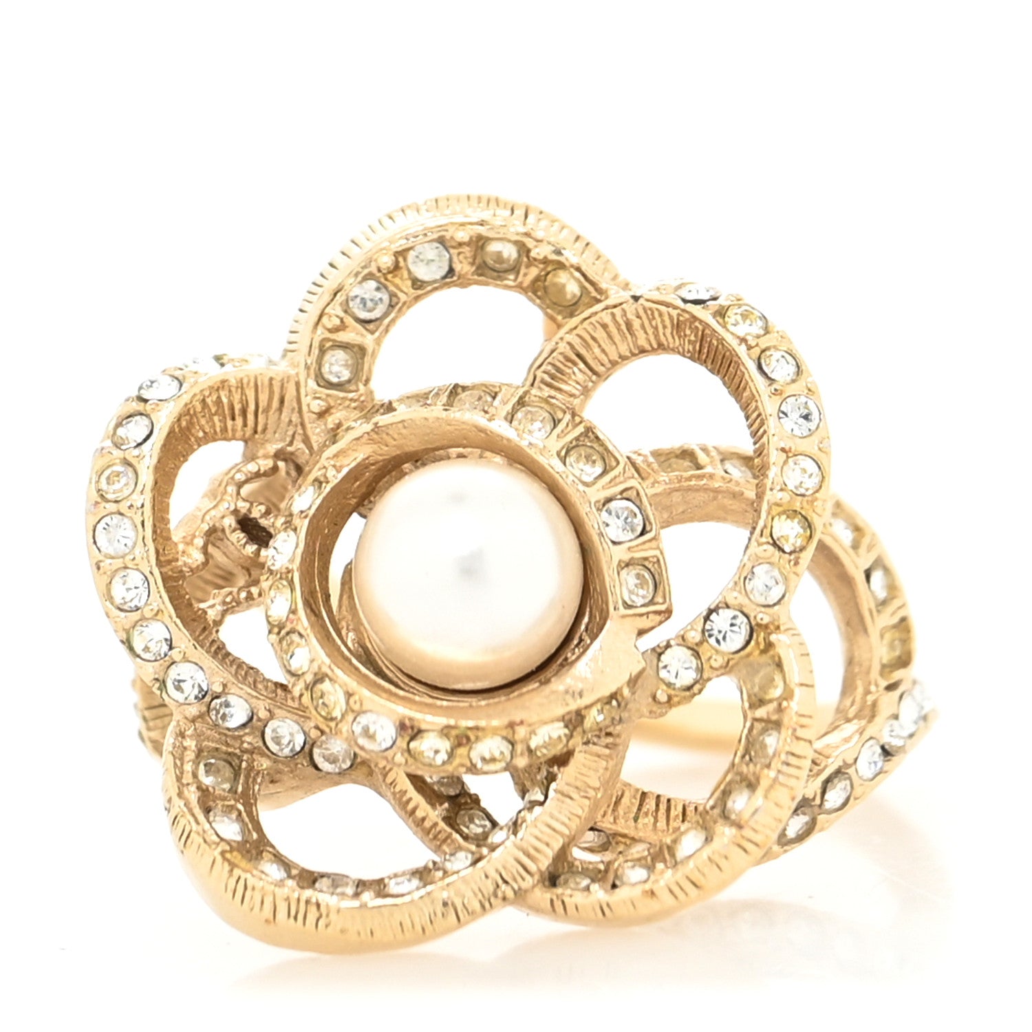 product image of CHANEL Crystal Pearl CC Camellia Ring 6 52 Gold FASHIONPHILE