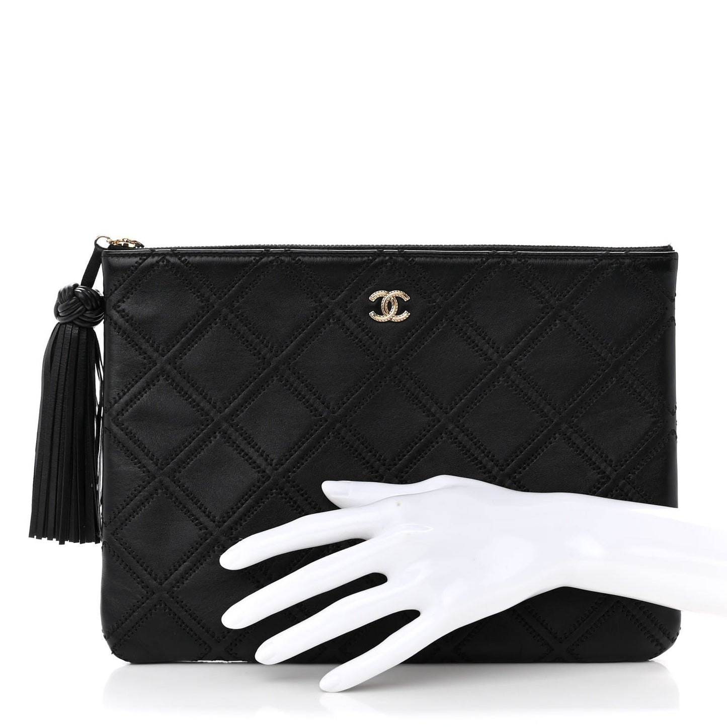 Lambskin Double Stitch Quilted Tassel Cosmetic Case Black