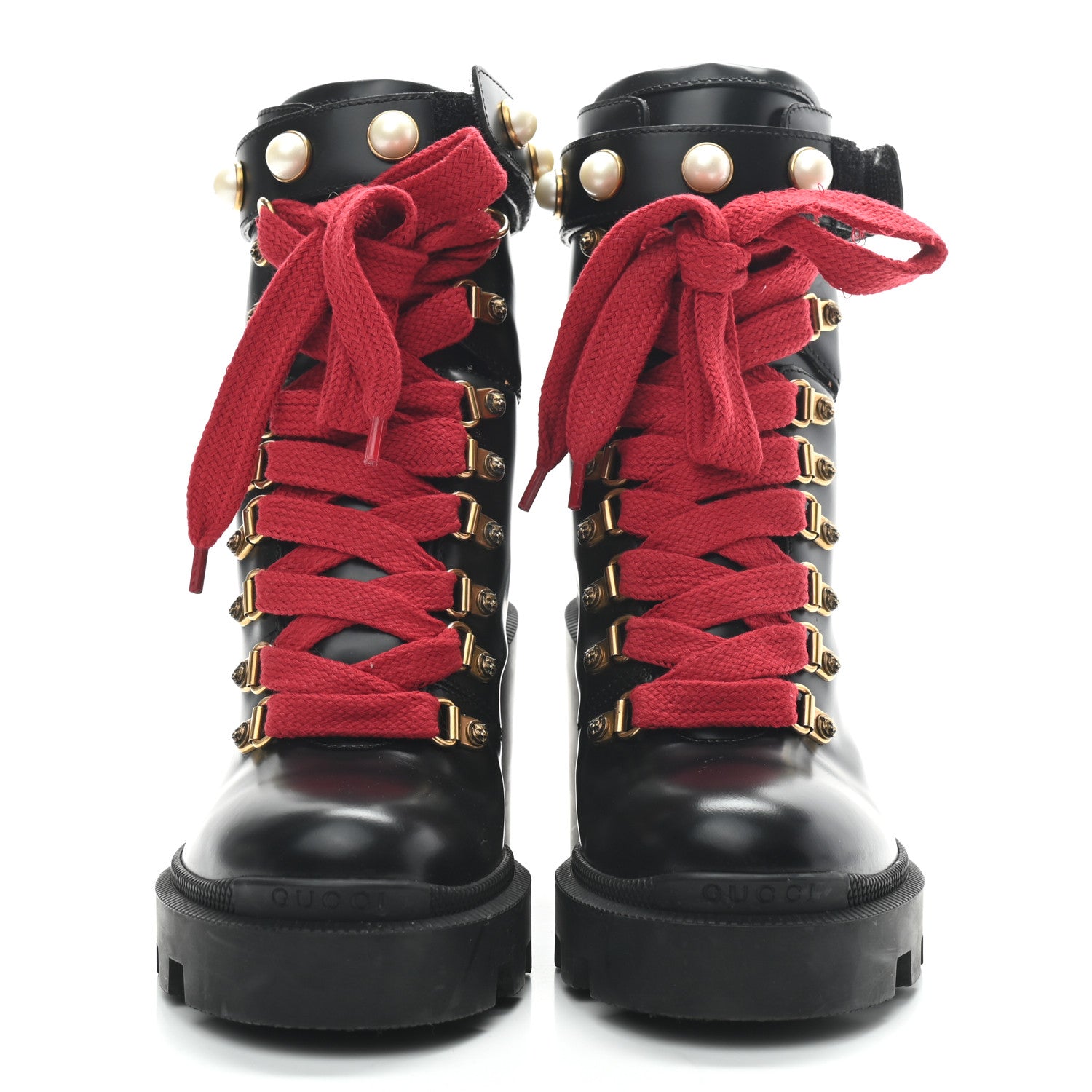 Gucci Magnum Calfskin Pearl Lace Up Combat Ankle Boots 35.5 Black 2 of 8