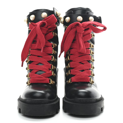 Gucci Magnum Calfskin Pearl Lace Up Combat Ankle Boots 35.5 Black 2 of 8