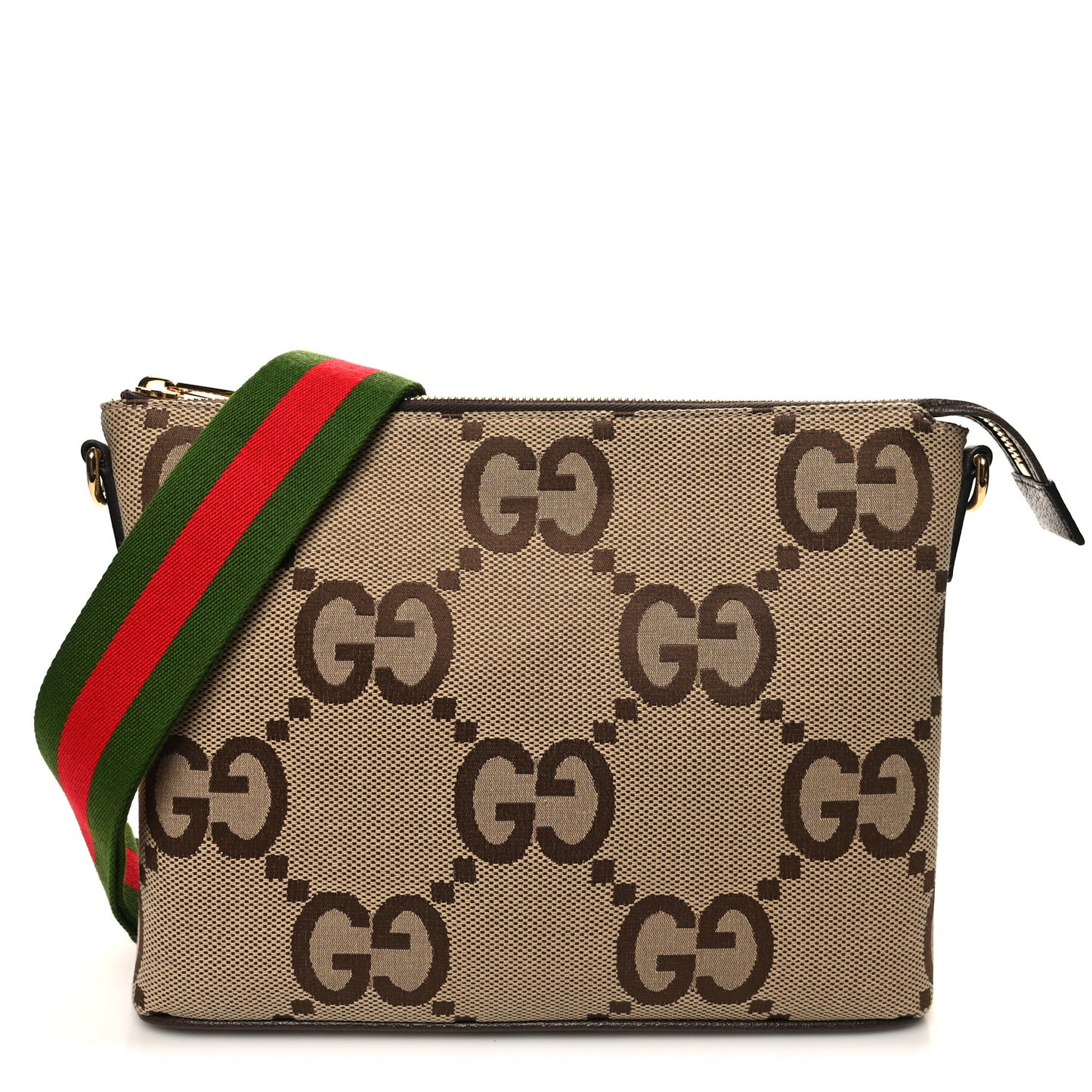 Monogram Jumbo GG Textured Dollar Calfskin Web Wristlet Messenger Bag Camel Ebony New Acero
