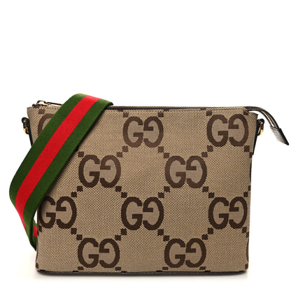 Gucci Monogram Jumbo GG Textured Dollar Calfskin Web Wristlet Messenger Bag Camel Ebony New Acero 1 of 11