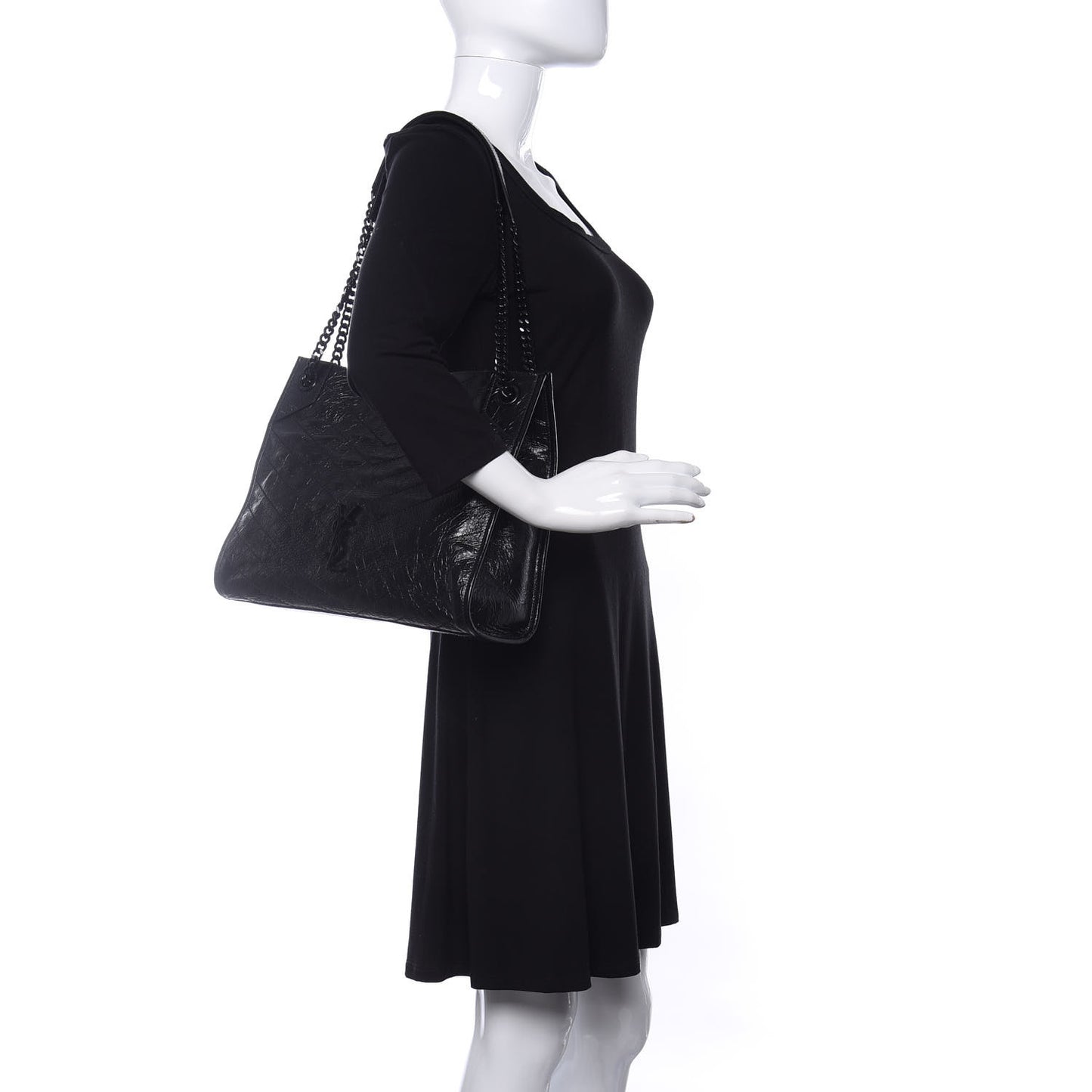 Crinkled Calfskin Matelasse Monogram Medium Niki Shopper Tote Black