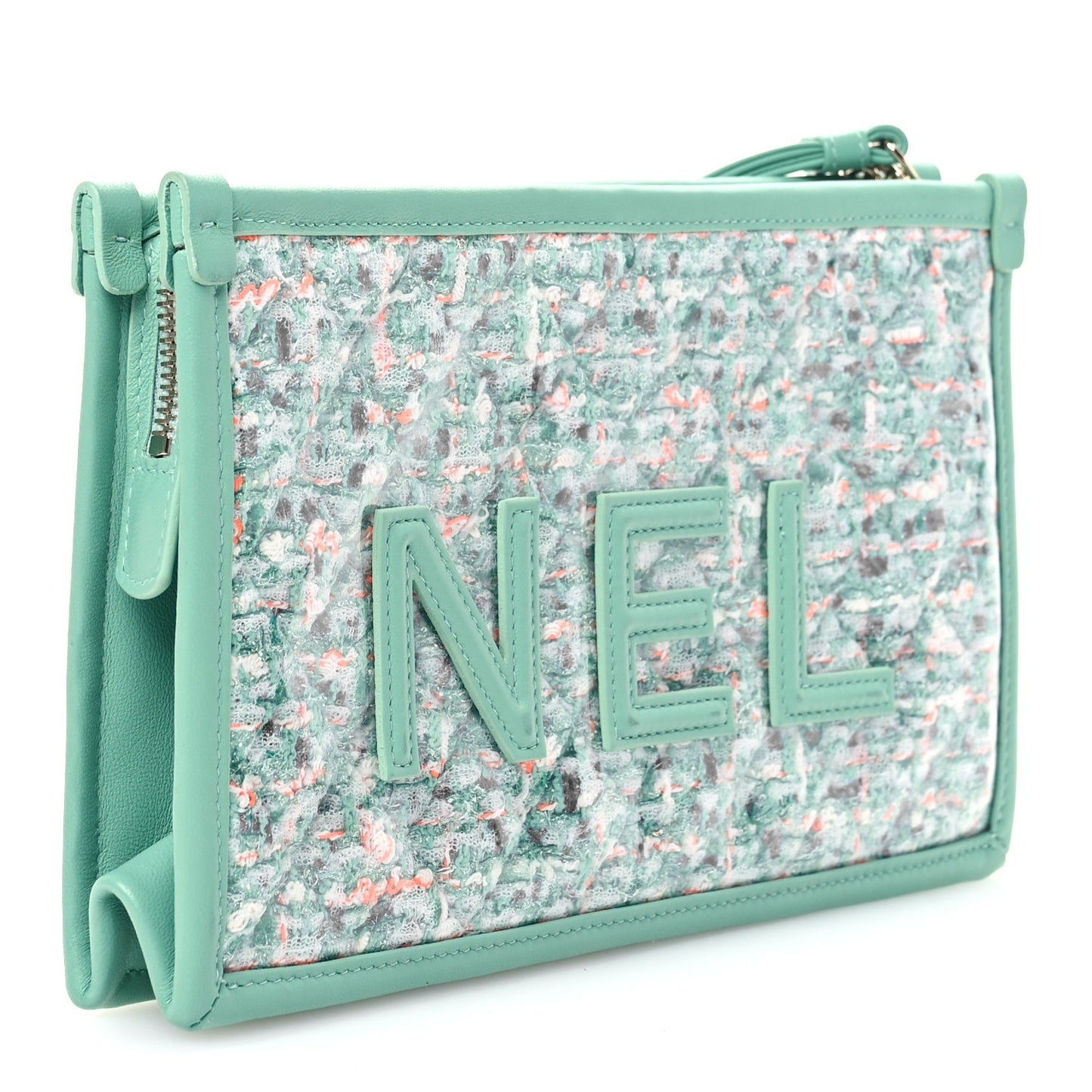 Tweed Lambskin Quilted Wristlet Pouch Green
