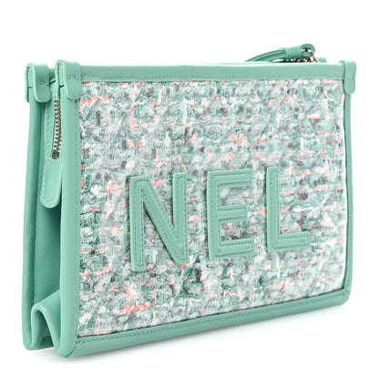 Chanel Tweed Lambskin Quilted Wristlet Pouch Green 3 of 11